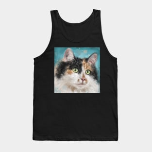 Painting of an Adorable Calico Tri-Color Cat with Gorgeous Green Eyes Tank Top